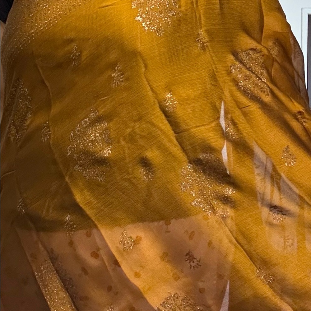 Golden Mustard Sheer Saree with Metallic Floral Accents